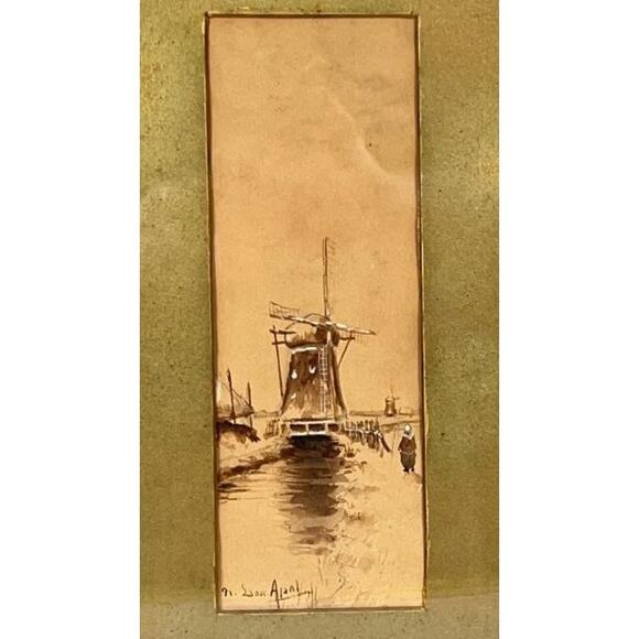 Antique Louis Apal Dutch Windmill Original Watercolor Gold Ornate Frame RARE - Picture 2 of 14